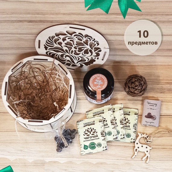 Новогодний #15 подарочный набор с чагочаем и сладостями в круглой деревянной шкатулке