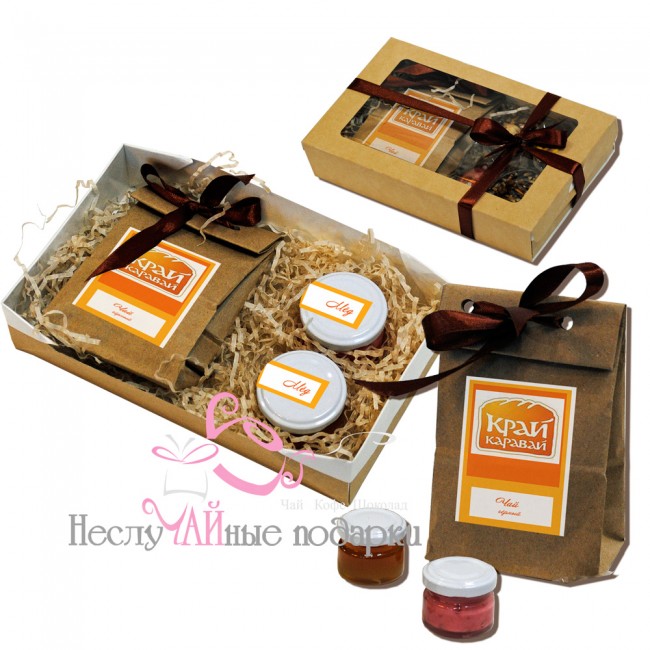 Подарочный набор-сувенир с чаем и сладостями в крафт-коробке # 2 (чай+мед)