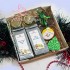 Праздник Новый год подарочный набор с чаем, кофе и сладостями в крафт-коробке (коробка открыта)