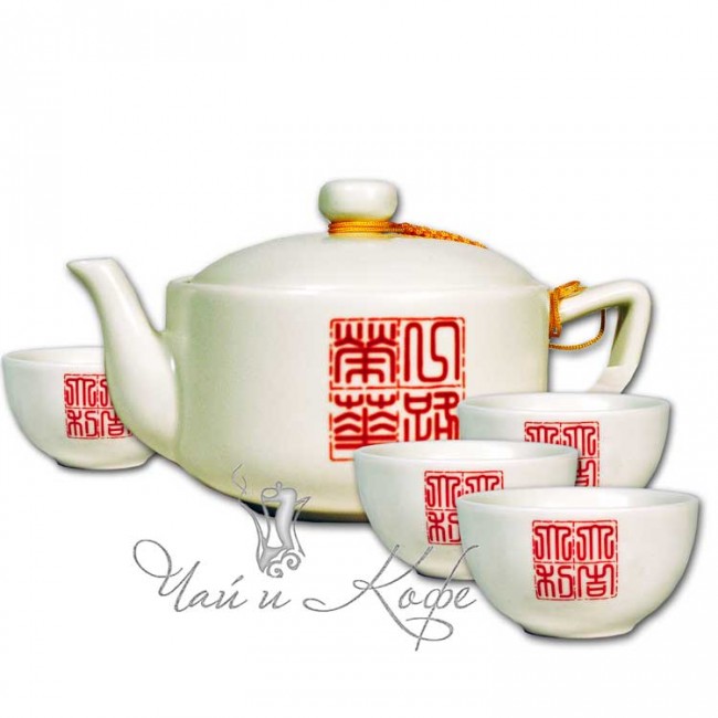 Чайный набор Красный иероглиф (чайник 200 мл и 4 пиалы по 50 мл) фарфор