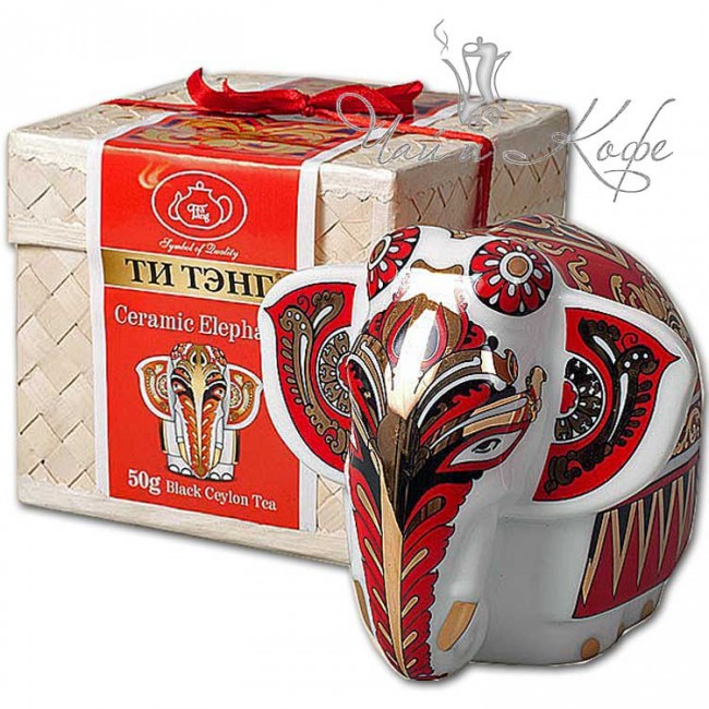 Слон фарфоровая чайница с чаем Tea Tang 50 г в плетеной шкатулке (красный)